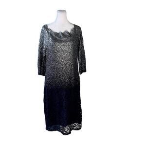 Marina Navy Silver Sparkle Lace Dress Scallop Neckline Size 16